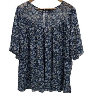 Lane Bryant Womens 18/20 Blue Floral Sheer Blouse Feminine Boho Classic Layering